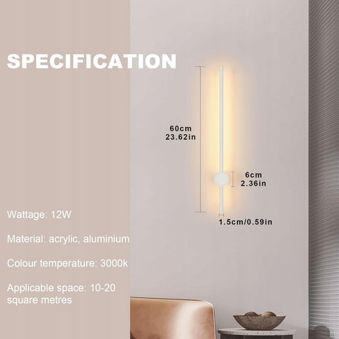 Barra luminosa da parete a LED in alluminio, forma bianca, 60 cm, bianco caldo 12 W, per soggiorno, camera da letto