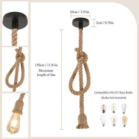 Lampada a sospensione industriale, lampadario a testa singola in corda di canapa, lampada a sospensione retrò E27 per sala da pranzo, ristorante, bar, 150 cm