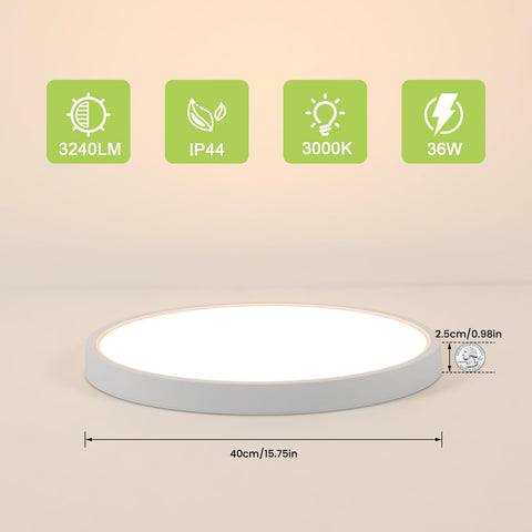 Confezione da 2 plafoniere LED rotonde ultrasottili da 40 cm, 36 W, luce bianca calda 3500 K, PVC, illuminazione moderna per bagno, camera da letto, cucina