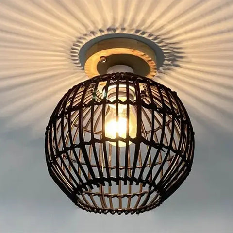 Lampada da soffitto tradizionale in vimini intrecciato - Nero, D21*H25cm, Lampadario con base in legno, Attacco E27, Senza sorgente luminosa