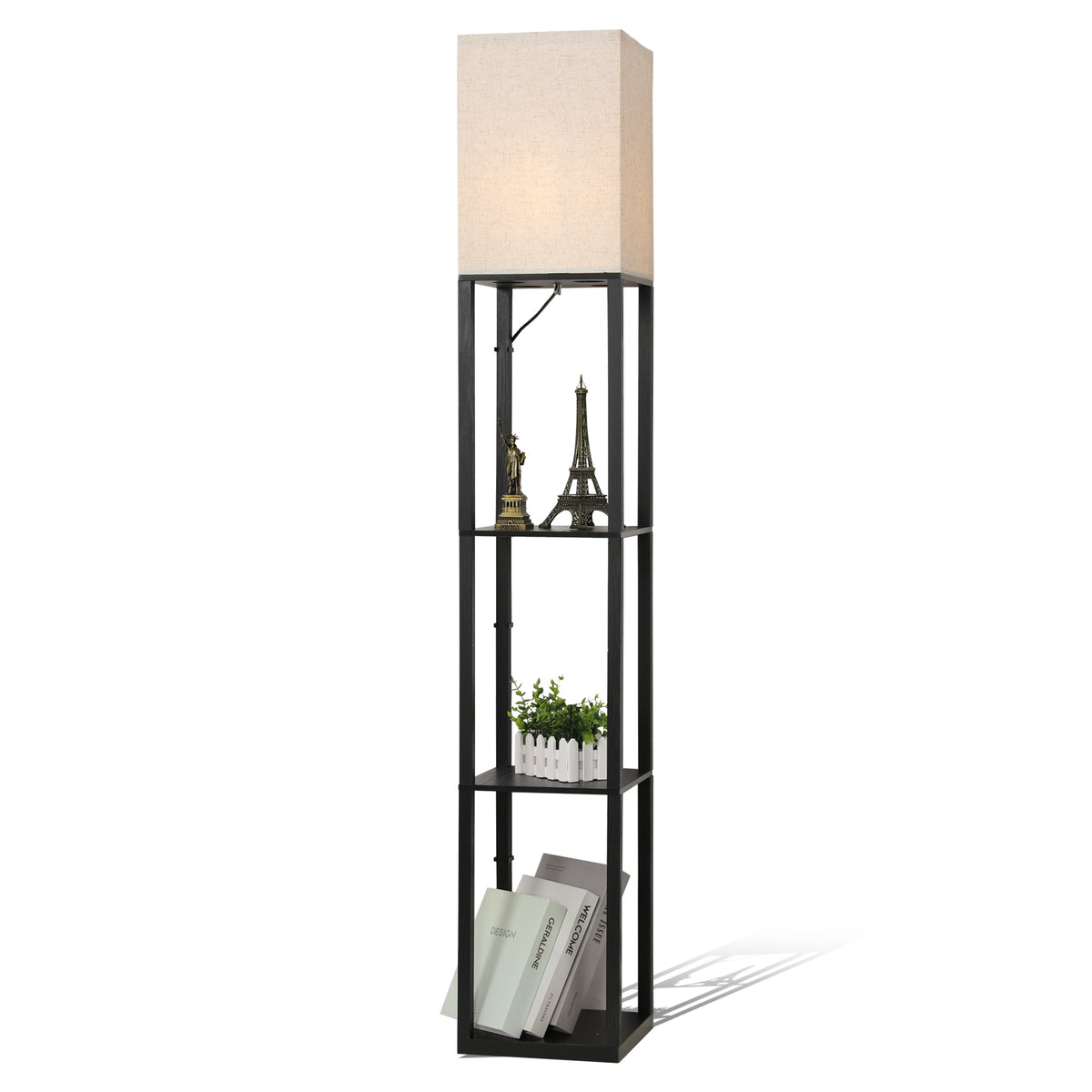 Minimalistische zwarte metalen vloerlamp met planken en linnen lampenkap - L26xB26xH158 cm, voetschakelaar, E27 fitting (lamp niet inbegrepen), Europese stekker