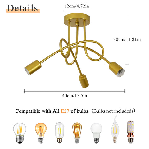 Lampadario industriale da soffitto, lampade a sospensione vintage in ferro E27, lampadario dorato a 3 luci (lampadina non inclusa)