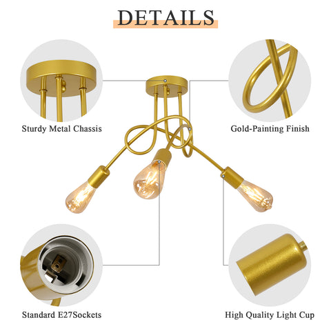 Lampadario industriale da soffitto, lampade a sospensione vintage in ferro E27, lampadario dorato a 3 luci (lampadina non inclusa)