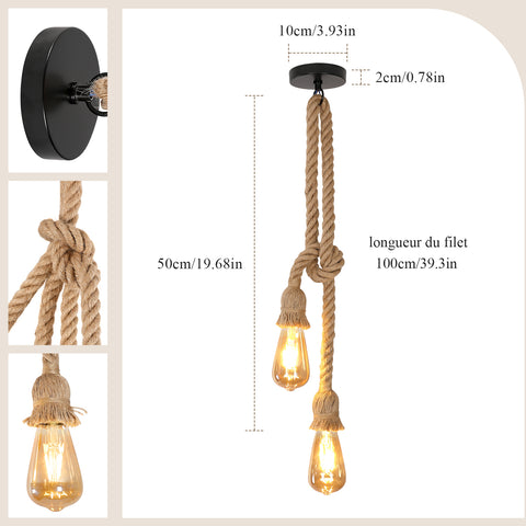 Lampadario a sospensione vintage industriale in corda di canapa nera, lampadina E27