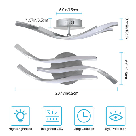 Plafoniera moderna a LED Wave da 52 cm - 3 lampade in alluminio argento, 24 W, luce bianca 6500 K, 220 V, CRI 80+, installazione versatile