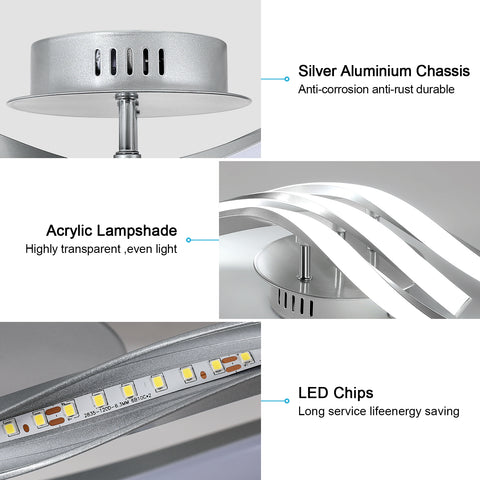 Plafoniera moderna a LED Wave da 52 cm - 3 lampade in alluminio argento, 24 W, luce bianca 6500 K, 220 V, CRI 80+, installazione versatile
