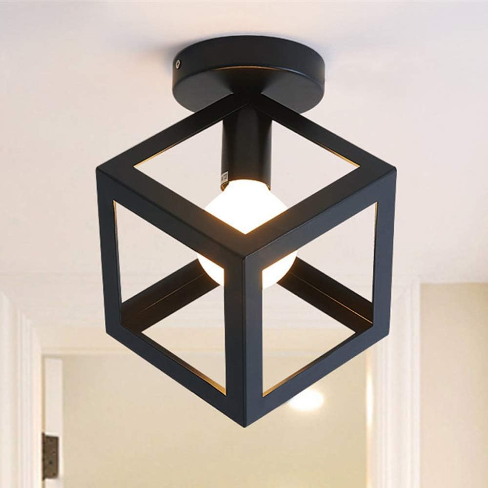 Plafoniera Moderna Lampadario a Forma di Gabbia Lampadario Lampada da Soffitto Vintage Stile Geometrico Paralume in Metallo E27 Illuminazione per Camera da Letto Soggiorno Ristorante, Forma Cubica, 16CM, Nero