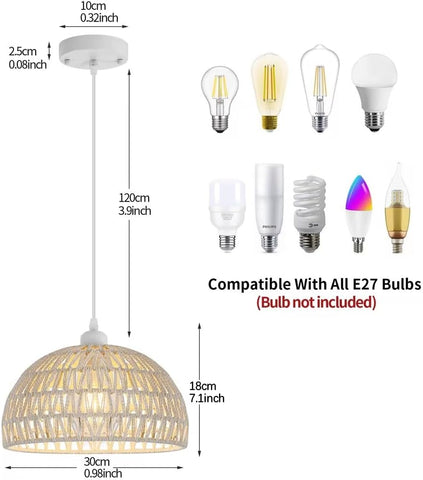 Lampadario moderno a sospensione in rattan Lampadario con paralume in rattan naturale Lampada a sospensione regolabile in altezza E27 Lampada a sospensione per cucina Camera da letto Soggiorno Caffè (Bianco)