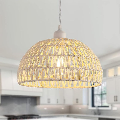Lampadario moderno a sospensione in rattan Lampadario con paralume in rattan naturale Lampada a sospensione regolabile in altezza E27 Lampada a sospensione per cucina Camera da letto Soggiorno Caffè (Bianco)