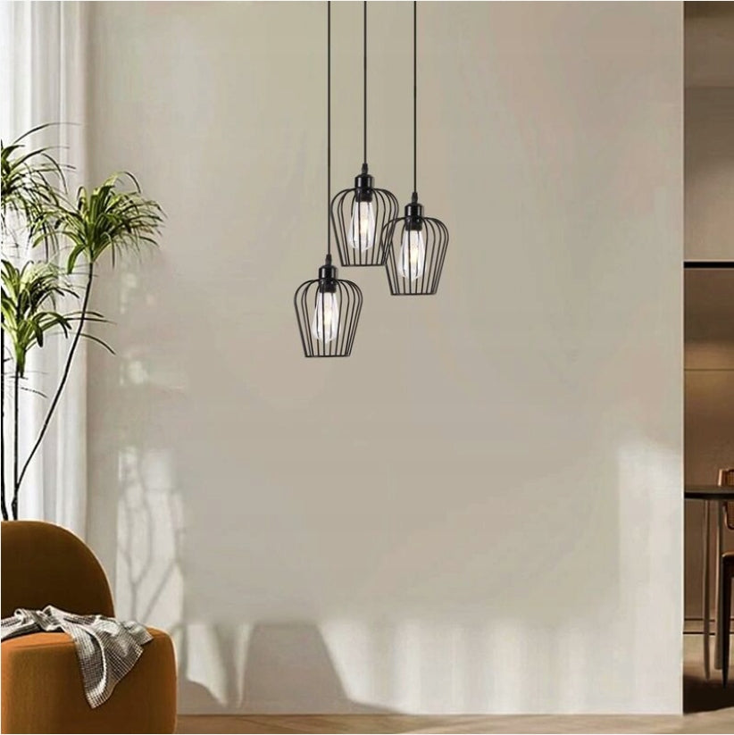 Suspension avec 3 Lumières - Noir en Métal - Cordon Réglable 1.5M