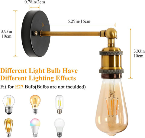 Lampada da parete E27 vintage industriale da 2 pezzi, Lampada da parete E27 retrò in metallo regolabile a 270°, Lampada da parete per interni dorati per scale Corridoio Soggiorno Cucina (Lampadina non inclusa）