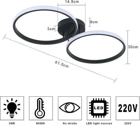 Plafoniera a LED, moderna plafoniera da 42 W, plafoniera a LED a doppio anello, plafoniera in acrilico nero per camera da letto, soggiorno, ufficio