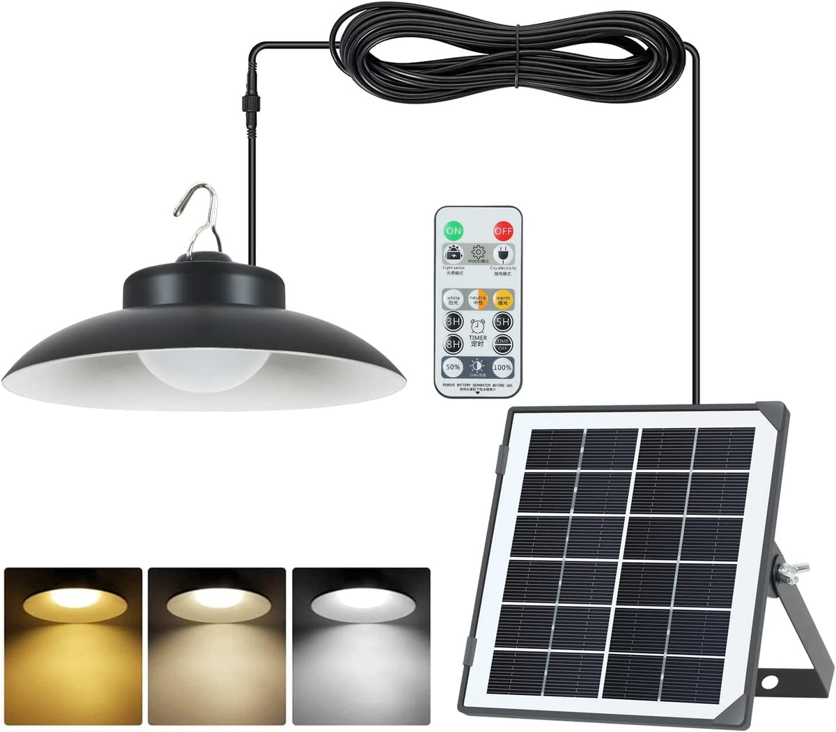 Lampada Solare da Esterno, Angolo Fascio 120°, Lampada Solare da Esterno IP65 con Telecomando, Cavo da 5 Metri, 3 Modalità di Temperatura Colore per Giardino, Garage, Cortile, Scale, Patio