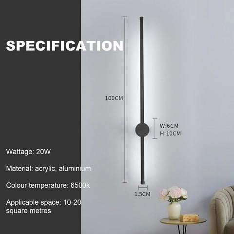 Lampada da Parete per Interni, Lampada da Parete a LED Girevole a 360° 6500K Bianco Freddo, Lampada da Parete Moderna Nera per Camera da Letto Soggiorno Sala da Pranzo Corridoio Scale 100 cm
