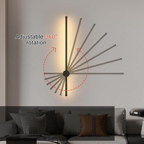 Lampada da parete moderna a LED a forma di linea Girevole a 360 ° Bianco caldo 3000K per soggiorno, camera da letto, corridoio, ingresso Nero 80 cm