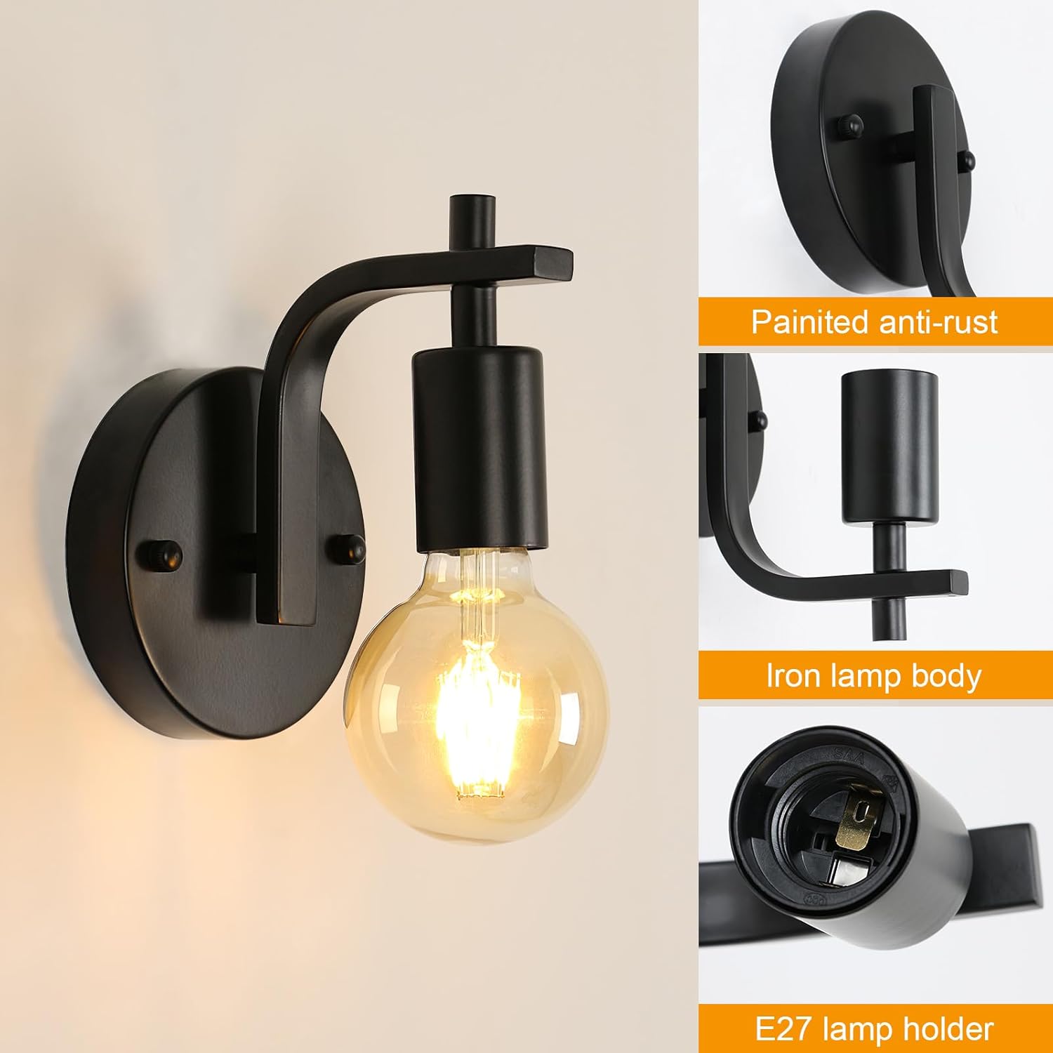 4 confezioni - Applique in metallo nero - Lampada a sospensione per interni con attacco E27 (senza lampadina) - per ingresso camera da letto