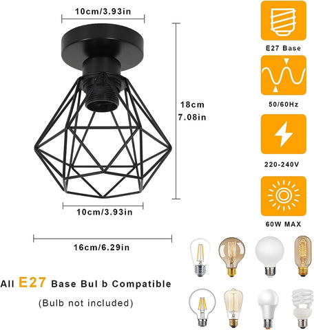 Plafoniera industriale E27, lampada a gabbia in metallo vintage, illuminazione a sospensione a soffitto nera per cucina, camera da letto, soggiorno, corridoio, caffetteria, bar (2 pezzi) 