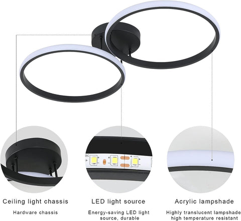 Plafoniera a LED, moderna plafoniera da 42 W, plafoniera a LED a doppio anello, plafoniera in acrilico nero per camera da letto, soggiorno, ufficio