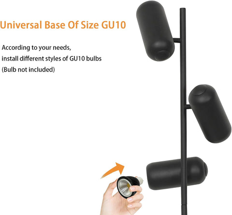 Lampada da terra minimalista in ferro battuto (3 teste nere, cavo da 1,8 m) - attacchi GU10, senza lampadina