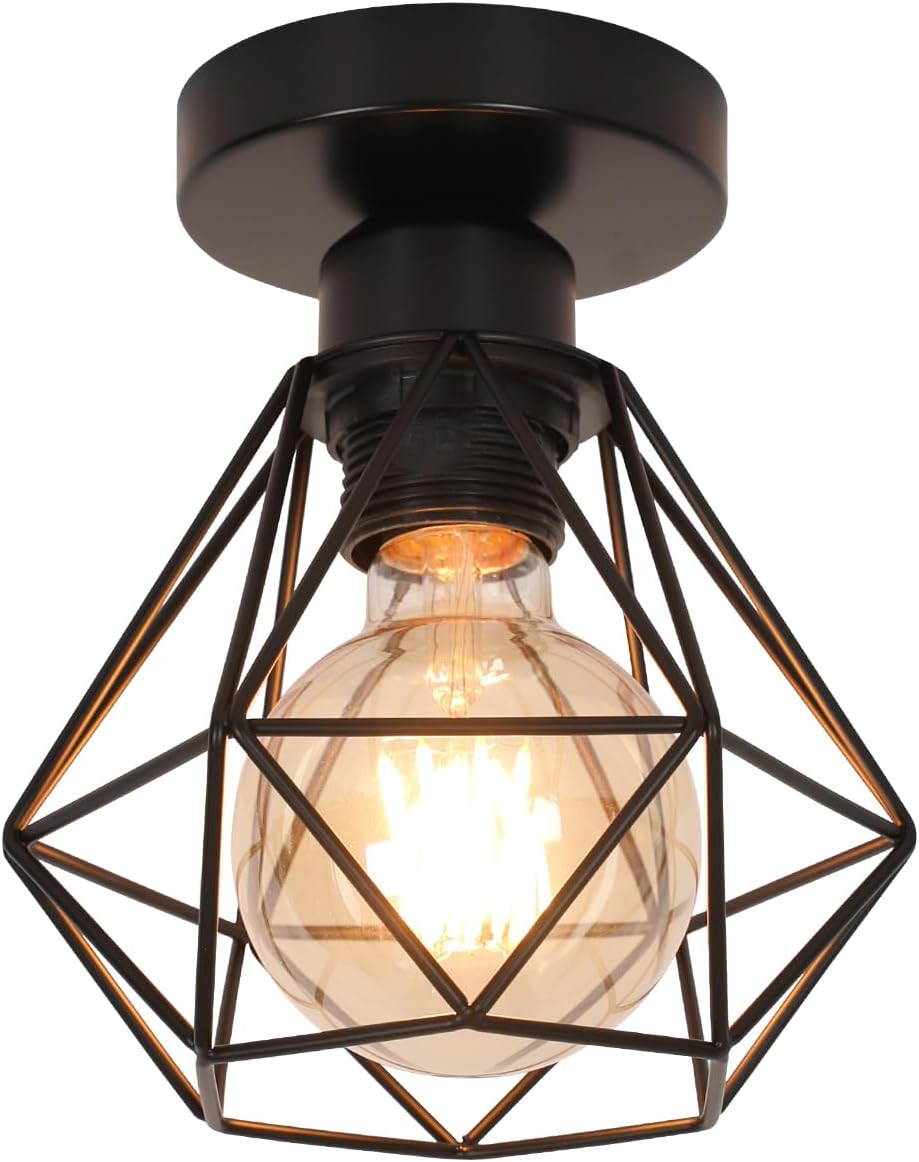 Plafoniera industriale E27, lampada a gabbia in metallo vintage, illuminazione a sospensione a soffitto nera per cucina camera da letto soggiorno corridoio caffetteria bar 