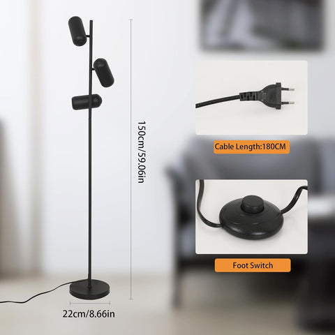 Lampada da terra minimalista in ferro battuto (3 teste nere, cavo da 1,8 m) - attacchi GU10, senza lampadina