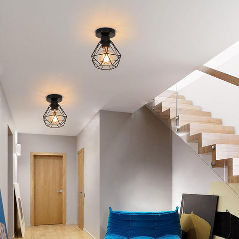 Plafoniera industriale E27, lampada a gabbia in metallo vintage, illuminazione a sospensione a soffitto nera per cucina, camera da letto, soggiorno, corridoio, caffetteria, bar (2 pezzi) 