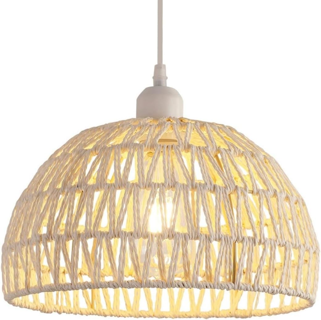 Lampadario moderno a sospensione in rattan Lampadario con paralume in rattan naturale Lampada a sospensione regolabile in altezza E27 Lampada a sospensione per cucina Camera da letto Soggiorno Caffè (Bianco)