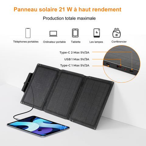 Borsa solare pieghevole leggera in silicio monocristallino nero, sconto del 30%, interfaccia di uscita USB da 21 W.