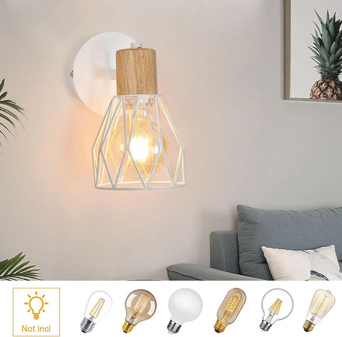 Lampada da parete per interni in 2 pezzi Lampada da parete in legno vintage Base E27 per camera da letto, soggiorno, corridoio, ingresso Bianco (lampadina non inclusa) 