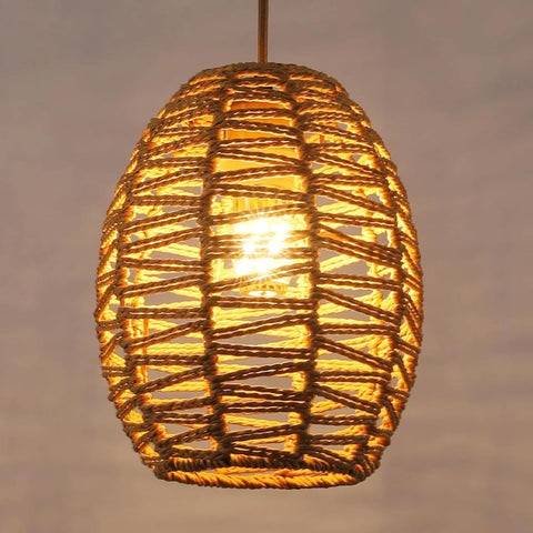 Lampadario a sospensione vintage in rattan intrecciato a mano, paralume a forma di cestino in stile boho retrò, plafoniera E27 per soggiorno e camera da letto - Linea da 120 cm