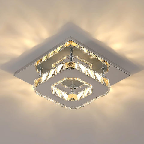 Plafoniera a LED, lampadario di cristallo da 15 W, illuminazione da soffitto moderna quadrata per camera da letto, soggiorno, cucina, corridoio, luce calda 3000 K.