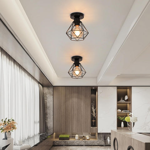 Plafoniera industriale E27, lampada a gabbia in metallo vintage, illuminazione a sospensione a soffitto nera per cucina, camera da letto, soggiorno, corridoio, caffetteria, bar (2 pezzi) 