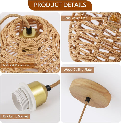 Lampadario a sospensione vintage in rattan intrecciato a mano, paralume a forma di cestino in stile boho retrò, plafoniera E27 per soggiorno e camera da letto - Linea da 120 cm