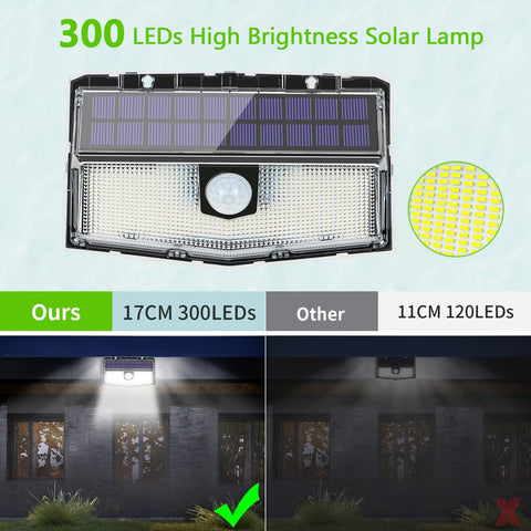 Confezione da 2 luci solari da esterno con sensore di movimento a 300 LED, illuminazione solare a 270°, impermeabile IP65, wireless, 3 modalità per la sicurezza del cortile e del giardino