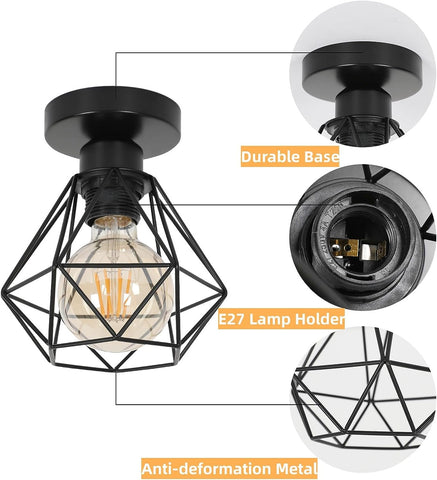 Plafoniera industriale E27, lampada a gabbia in metallo vintage, illuminazione a sospensione a soffitto nera per cucina, camera da letto, soggiorno, corridoio, caffetteria, bar (2 pezzi) 