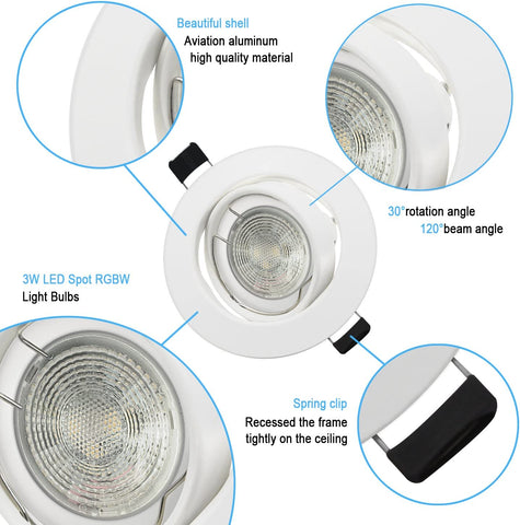 Set di 6 faretti LED da incasso RGB orientabili con cambio colore, 5 W (equivalenti a 50 W), bianco caldo 2700 K, plafoniera da incasso rotonda in metallo bianco con telecomando dimmerabile