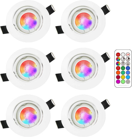 Set di 6 faretti LED da incasso RGB orientabili con cambio colore, 5 W (equivalenti a 50 W), bianco caldo 2700 K, plafoniera da incasso rotonda in metallo bianco con telecomando dimmerabile