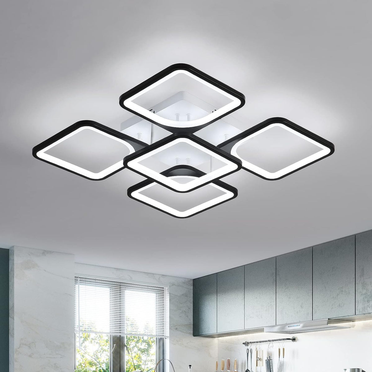 Moderna plafoniera a LED, plafoniera in acrilico 4+1 luci, illuminazione a soffitto quadrata nera 75W 220V, lampada da soffitto a luce bianca fredda 6500K per soggiorno, camera da letto, studio (non dimmerabile) 