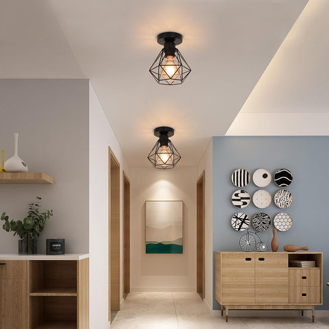 Plafoniera industriale E27, lampada a gabbia in metallo vintage, illuminazione a sospensione a soffitto nera per cucina, camera da letto, soggiorno, corridoio, caffetteria, bar (2 pezzi) 