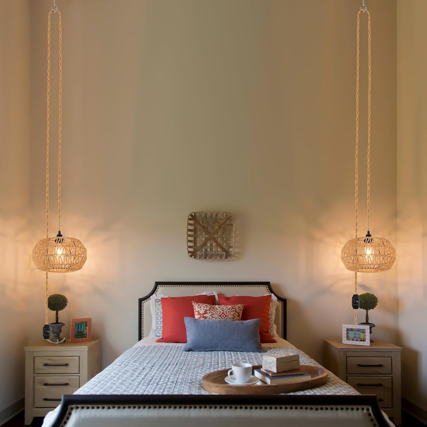 Lampada a sospensione in rattan, lampada da soffitto vintage intrecciata E27, interruttore dimmerabile, lampadario per camera da letto, soggiorno, lampada da soffitto (senza lampadina)