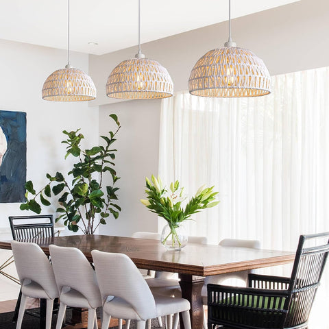 Lampadario moderno a sospensione in rattan Lampadario con paralume in rattan naturale Lampada a sospensione regolabile in altezza E27 Lampada a sospensione per cucina Camera da letto Soggiorno Caffè (Bianco)