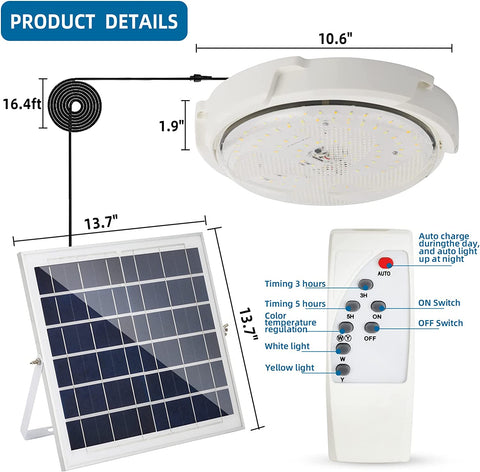 Lampada Solare da Esterno da Soffitto con Telecomando, Illuminazione Solare Impermeabile IP54 per Giardino, 80W, Temperatura Colore Regolabile 3000K/4500K/6000K