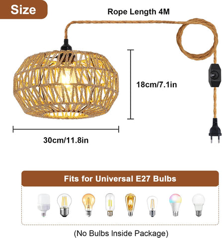 Lampada a sospensione in rattan, lampada da soffitto vintage intrecciata E27, interruttore dimmerabile, lampadario per camera da letto, soggiorno, lampada da soffitto (senza lampadina)