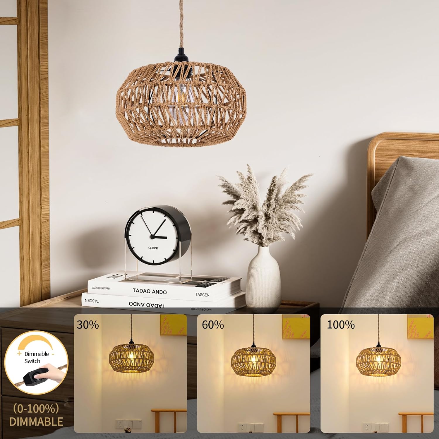 Lampada a sospensione in rattan, lampada da soffitto vintage intrecciata E27, interruttore dimmerabile, lampadario per camera da letto, soggiorno, lampada da soffitto (senza lampadina)