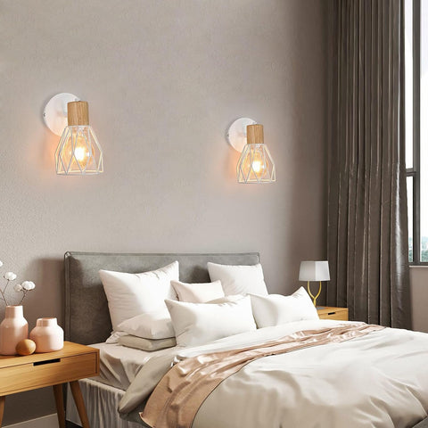 Lampada da parete per interni in 2 pezzi Lampada da parete in legno vintage Base E27 per camera da letto, soggiorno, corridoio, ingresso Bianco (lampadina non inclusa) 