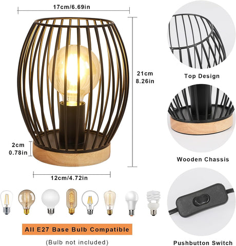 Lampada da tavolo a gabbia E27 in metallo nero, lampada da scrivania alta 21 cm, lampada da comodino per interni dal design decorativo con interruttore a pulsante per bomboniere, camera da letto, soggiorno (senza lampadina)