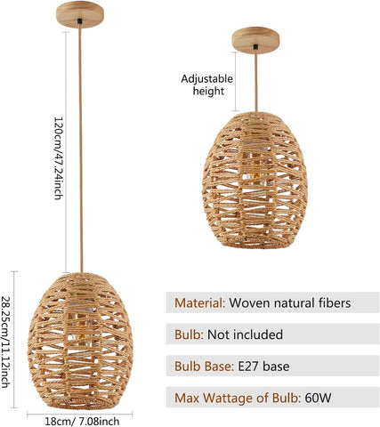Lampadario a sospensione vintage in rattan intrecciato a mano, paralume a forma di cestino in stile boho retrò, plafoniera E27 per soggiorno e camera da letto - Linea da 120 cm