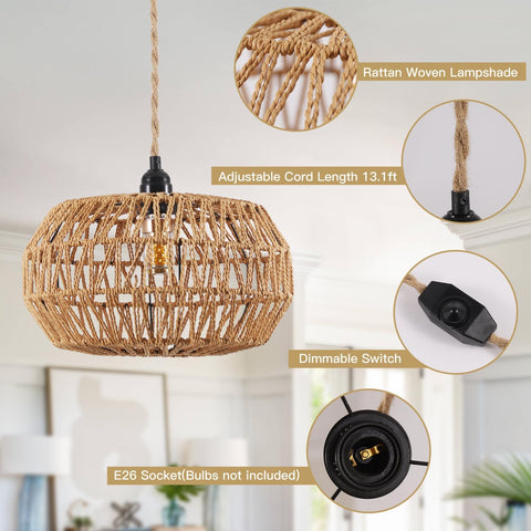 Lampada a sospensione in rattan, lampada da soffitto vintage intrecciata E27, interruttore dimmerabile, lampadario per camera da letto, soggiorno, lampada da soffitto (senza lampadina)