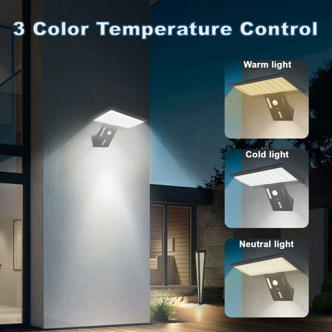 Luci solari da esterno, 90 luci solari a LED con sensore di movimento, 4 modalità, luce di sicurezza solare impermeabile per esterni, lampada da parete con telecomando a 3 colori per giardino e cortile.
