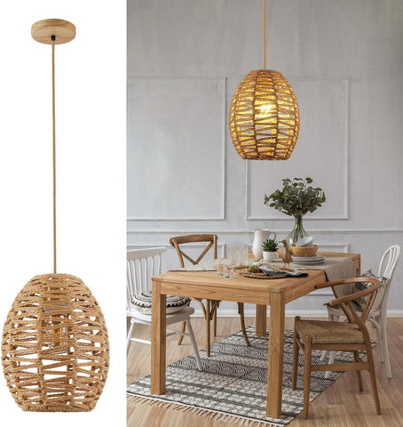 Lampadario a sospensione vintage in rattan intrecciato a mano, paralume a forma di cestino in stile boho retrò, plafoniera E27 per soggiorno e camera da letto - Linea da 120 cm